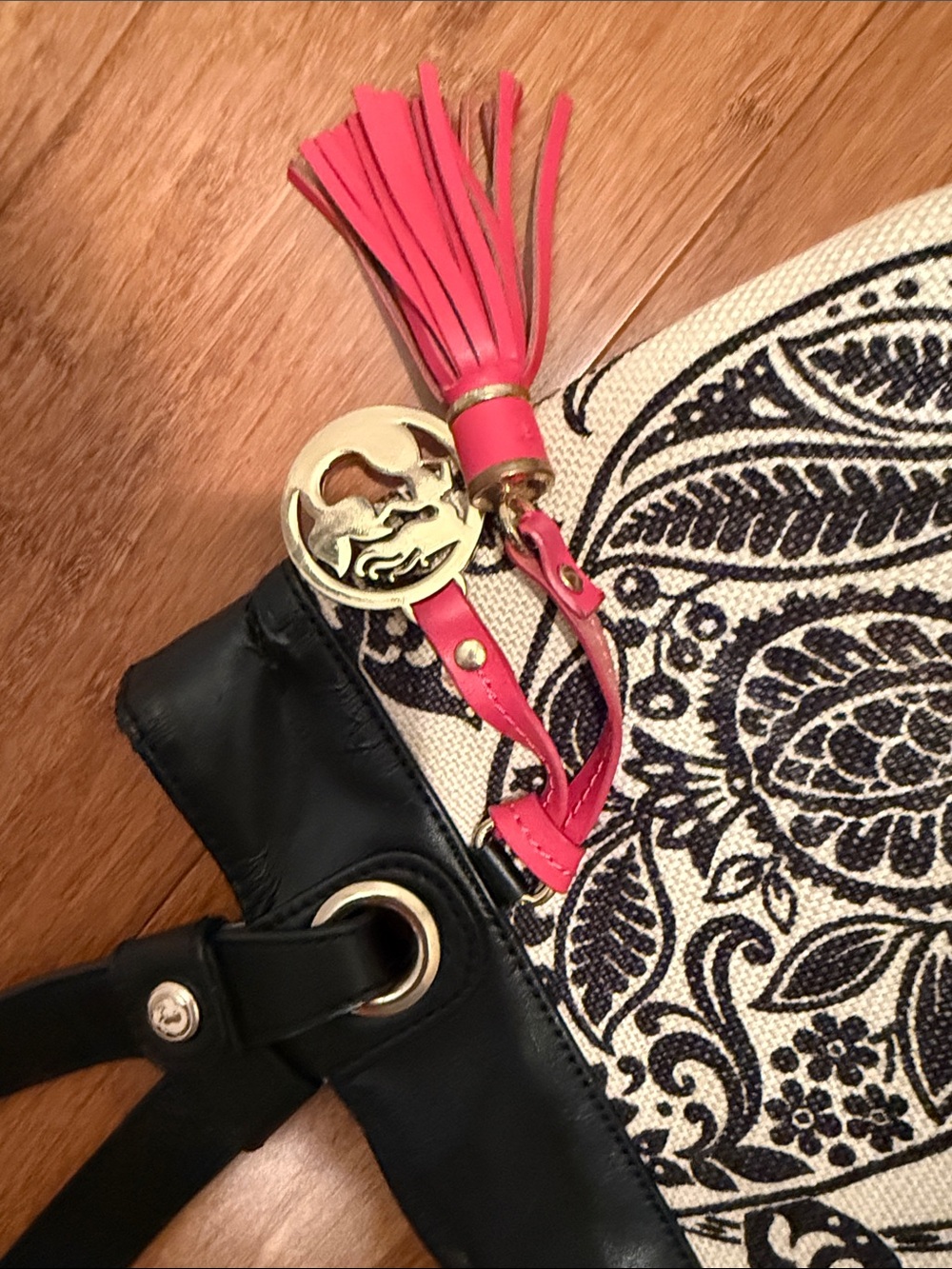 Spartina 449 Black & Cream Floral Canvas Tote with Pink Tassel - Picture 14 of 15